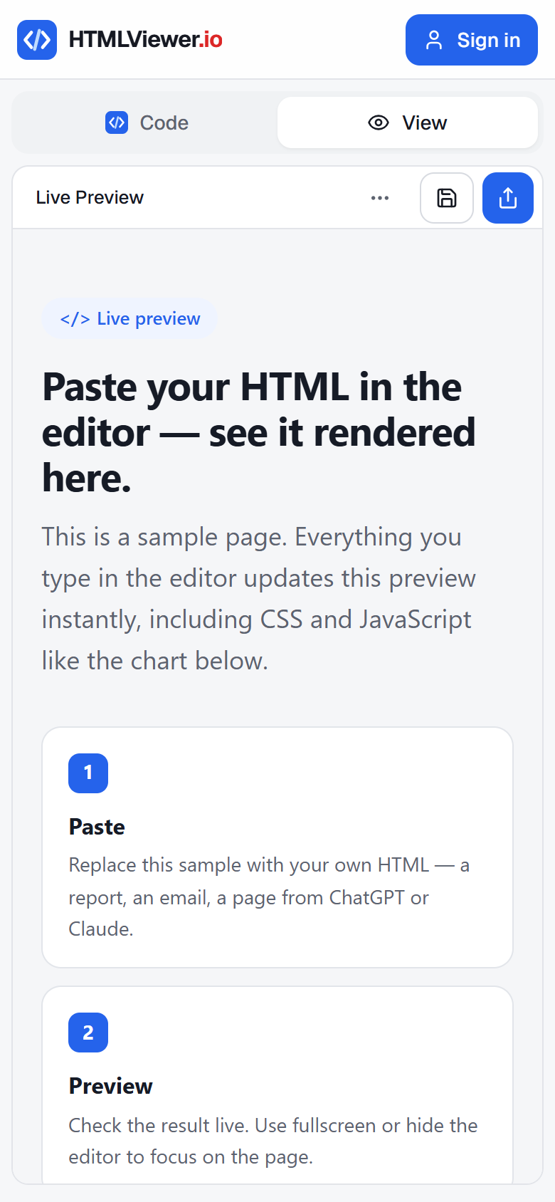 HTMLViewer.io on a phone, Code tab with the HTML source pasted in